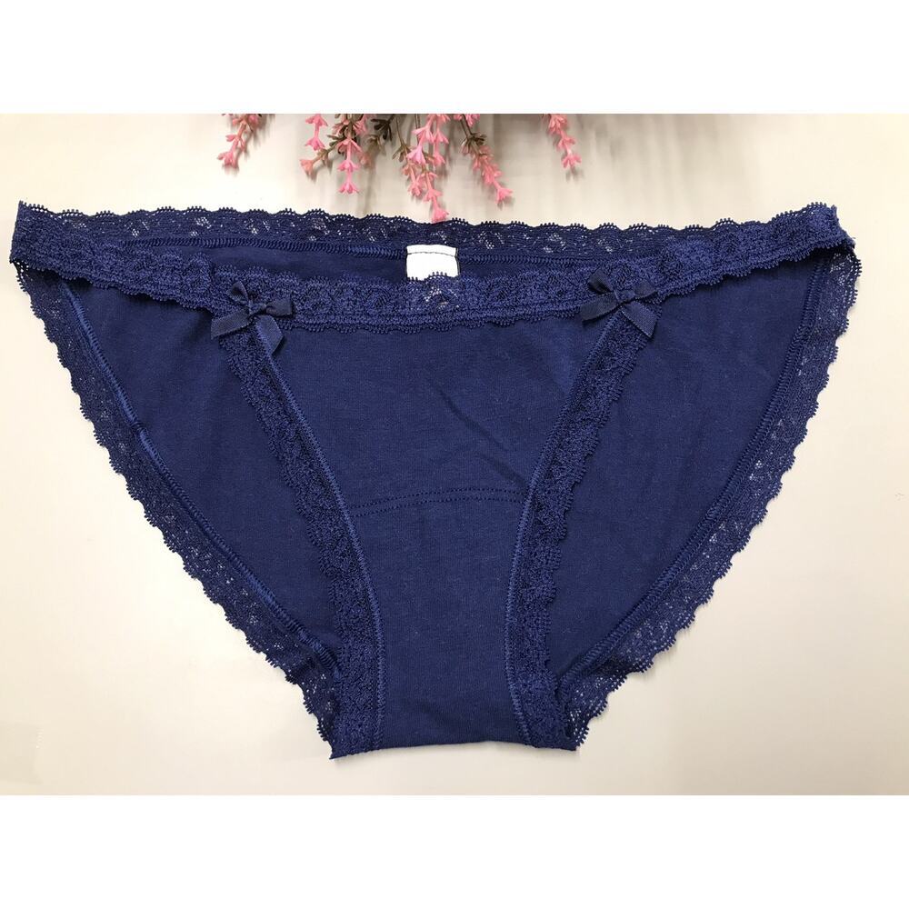 VGT Victoria's Secret Low String Bikini Sm Bows Scalloped Lace Trim Blue RARE